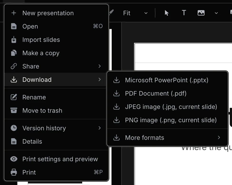 The File menu open at Download, with Microsoft PowerPoint, PDF Document, JPEG image, PNG image and More formats.