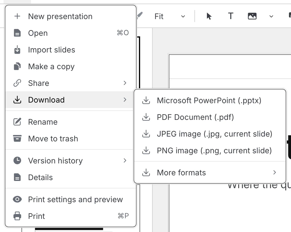 The File menu open at Download, with Microsoft PowerPoint, PDF Document, JPEG image, PNG image and More formats.