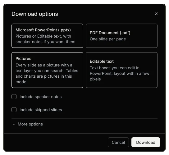 The editor's Download dialog with Microsoft PowerPoint (.pptx) in Pictures or Editable text, and PDF Document (.pdf)