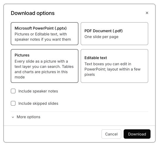 The editor's Download dialog with Microsoft PowerPoint (.pptx) in Pictures or Editable text, and PDF Document (.pdf)